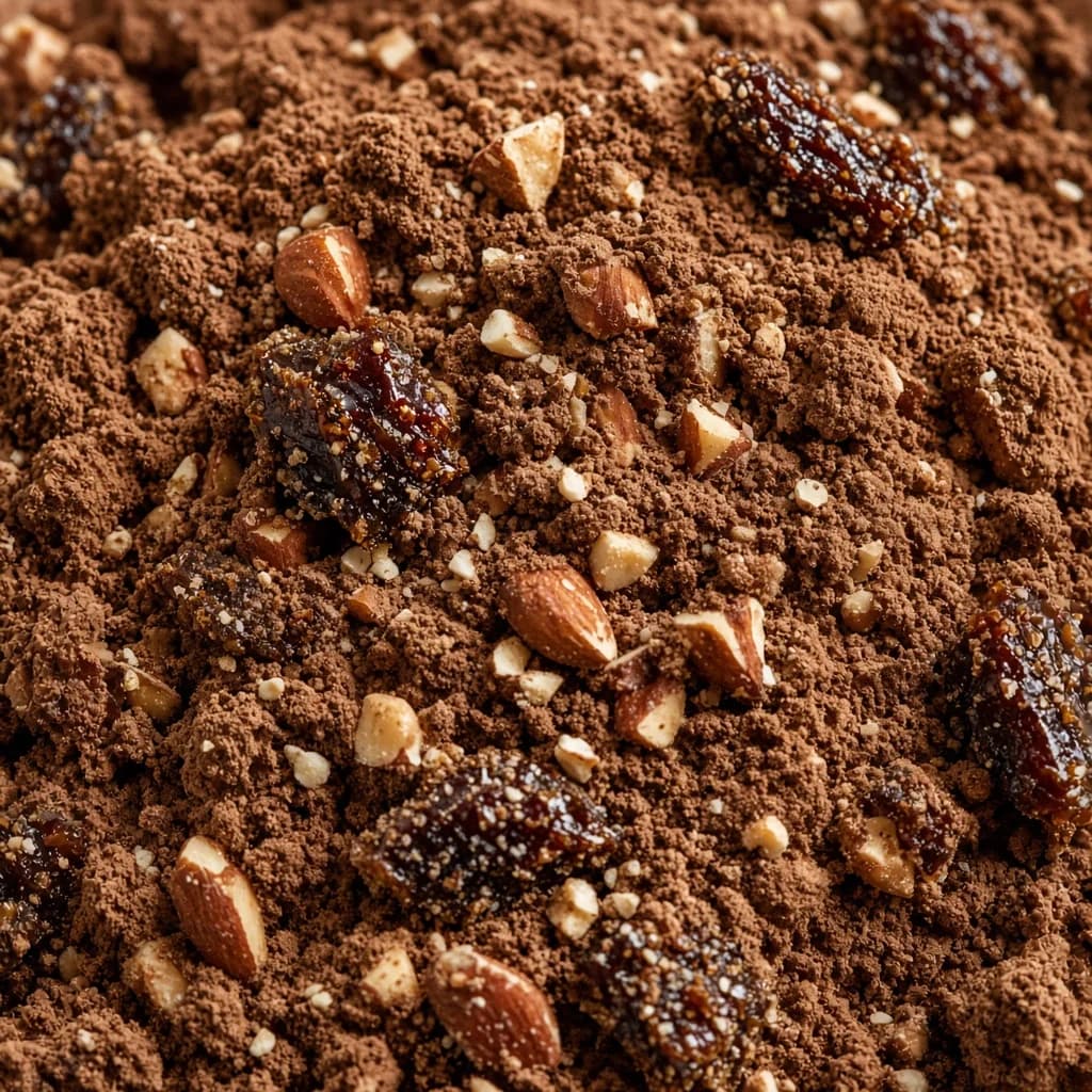 Macro of Rich Chocolate Almond Date blend — cocoa, almond, and date texture